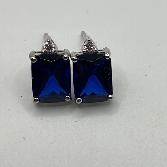 SAPPHIRE AND CLEAR CZ STERLING SILVER POST EARRINGS - Picture 8 of 10